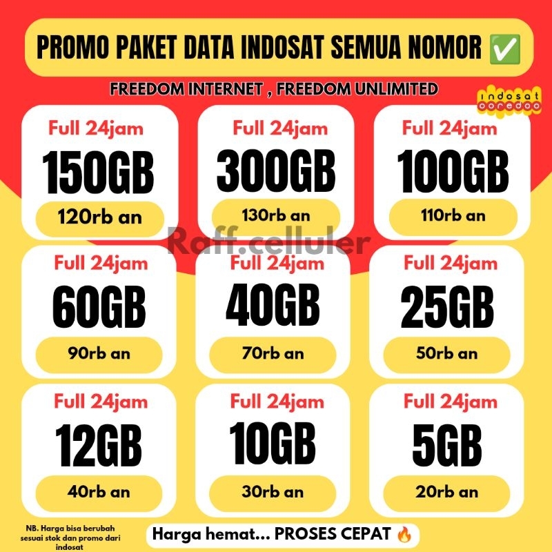 PROMO KUOTA INDOSAT 100GB 50GB 40GB 25GB 20GB 15GB 12GB 10GB 3GB