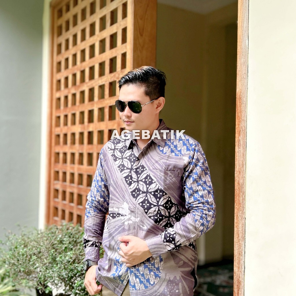 AGEBATIK AGE018 - Kemeja Batik Pria Lengan Panjang Pendek - Slim Fit - Motif Abstrak Kawung - Katun 