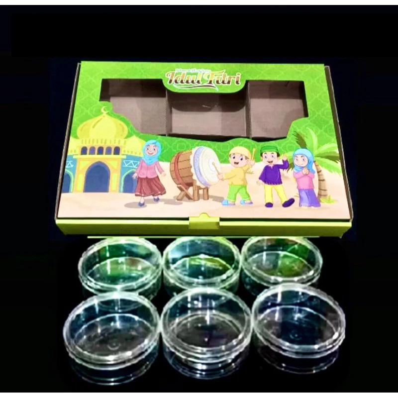 

5 Pcs Box Lebaran Hijau Kartun 38x26x5cm Kotak Kemasan 6 Toples 250gr Idul Fitri