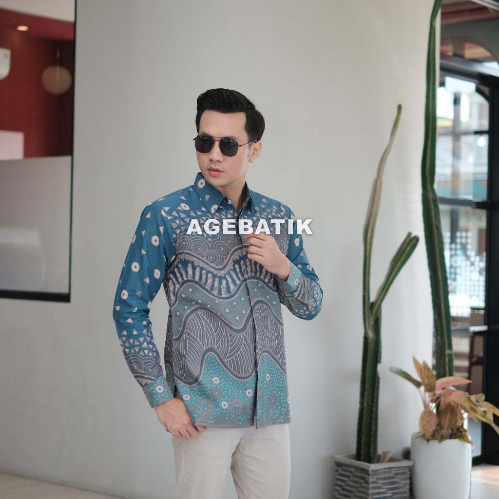 AGEBATIK AGE029 - Kemeja Batik Pria Lengan Panjang Pendek - Slim Fit - Motif Abstrak Gelombang -