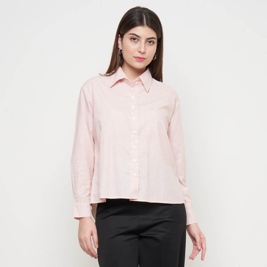 ASK - Kemeja Basic Salur Wanita Oversize Kancing Aktif Kemeja 02