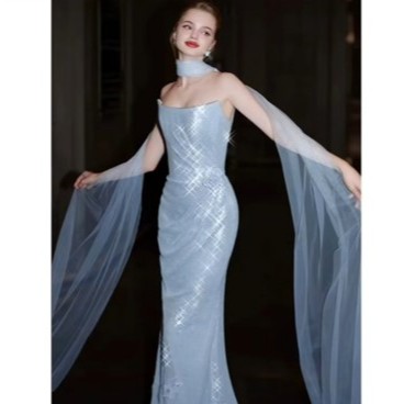 GAUN PESTA  SQUEEN DENGAN MODEL MEWAH SELENDANG  BABY BLUE / GAUN MERMAID  BLUE