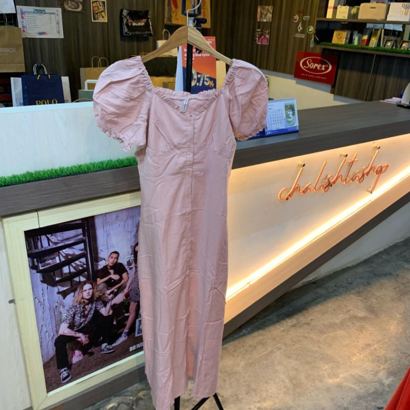 dress colorbox peach lengan puff