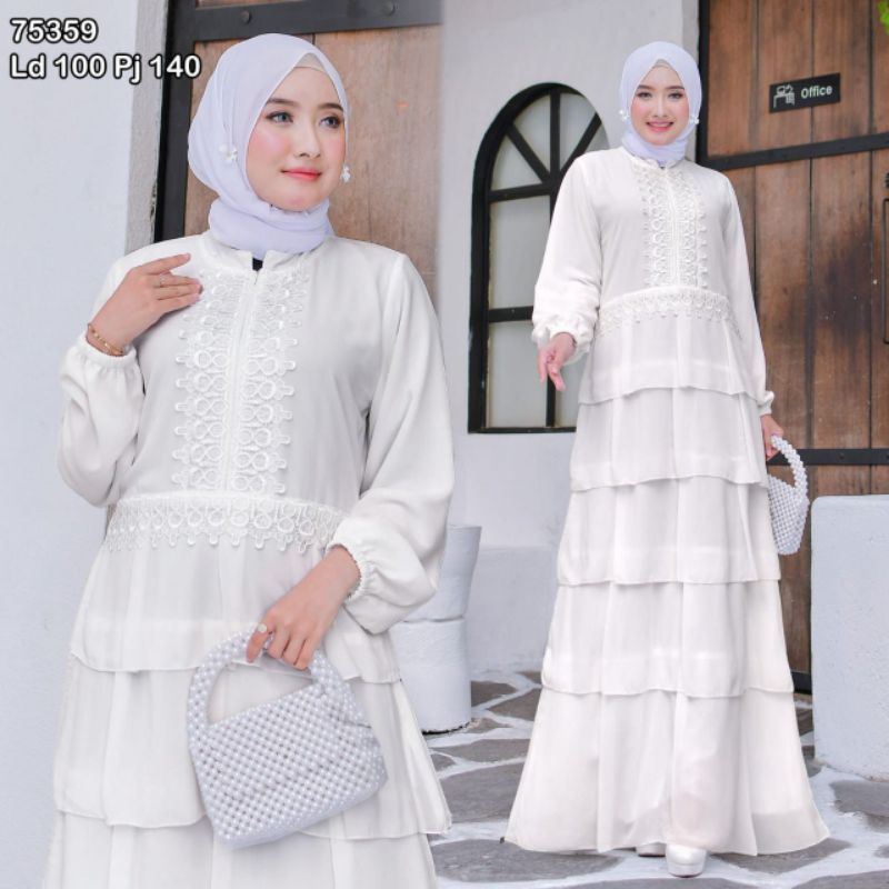 Gamis Putih Elegan dengan Bahan Ceruty Busui LD100 PJ140 - Dress, Wanita, Syari, Pesta, Remaja, Dewa
