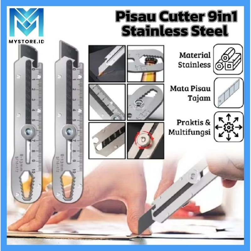 

Pisau cutter Stainless Steel 9in1 Serbaguna dengan pengukur Anti Karat/Knife Cutting Tool Bottle Cutter Serbaguna