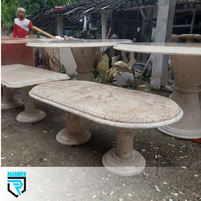 Meja tamu oval kaki 2 bulat solid batu marmer motif