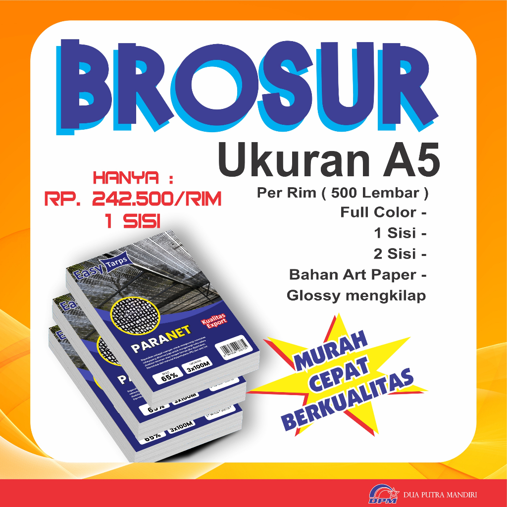 CETAK BROSUR MURAH A5 FULL COLOR ( 1 / 2 SISI ) PER RIM BAHAN ART PAPER GLOSSY