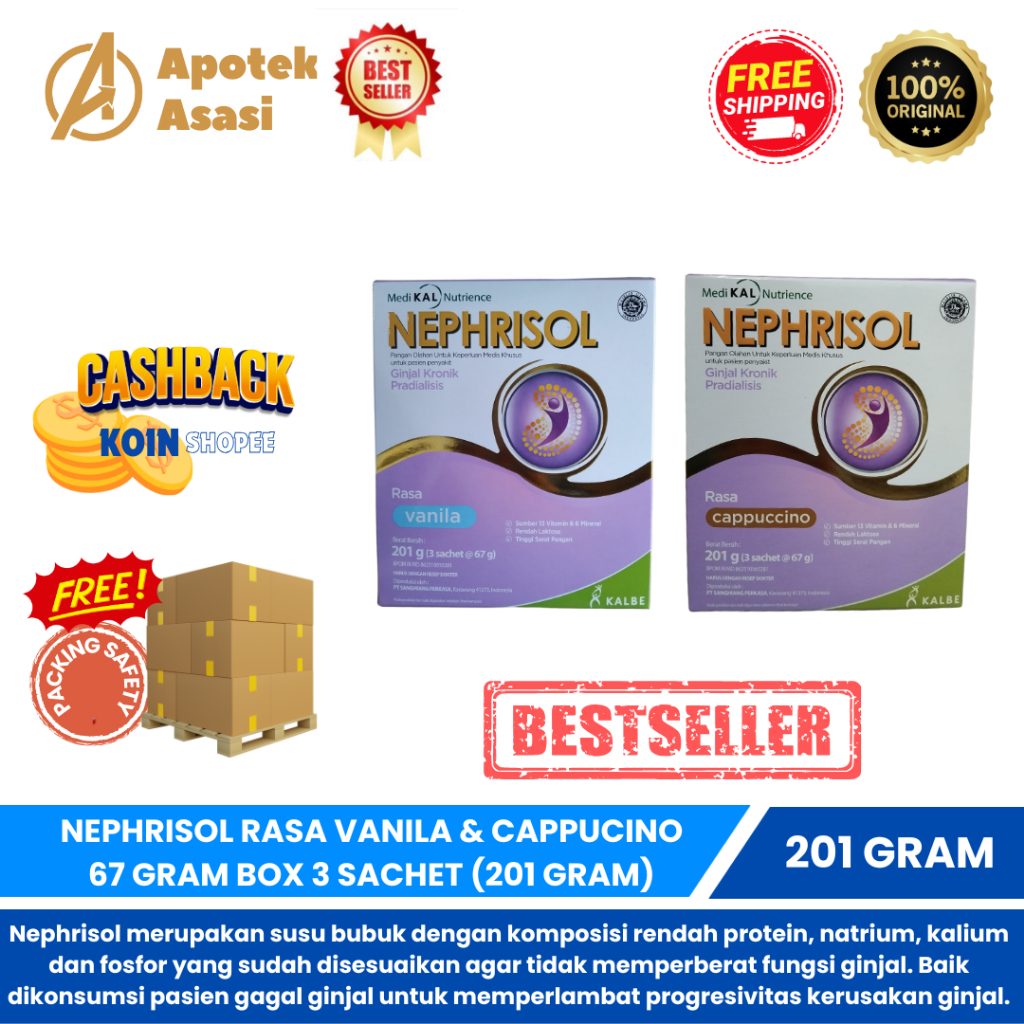 

NEPHRISOL RASA vanila & cappucino 67 GRAM BOX 3 SACHET (201 GRAM)- Pasien Ginjal Pradialisis