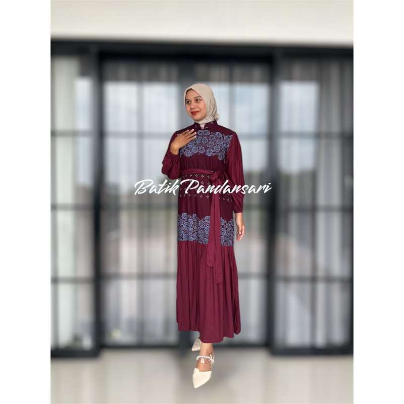 Fatimah dress BUNGA BURGUNDY Gamis Batik Bahan Katun Kombinasi Rayon twill