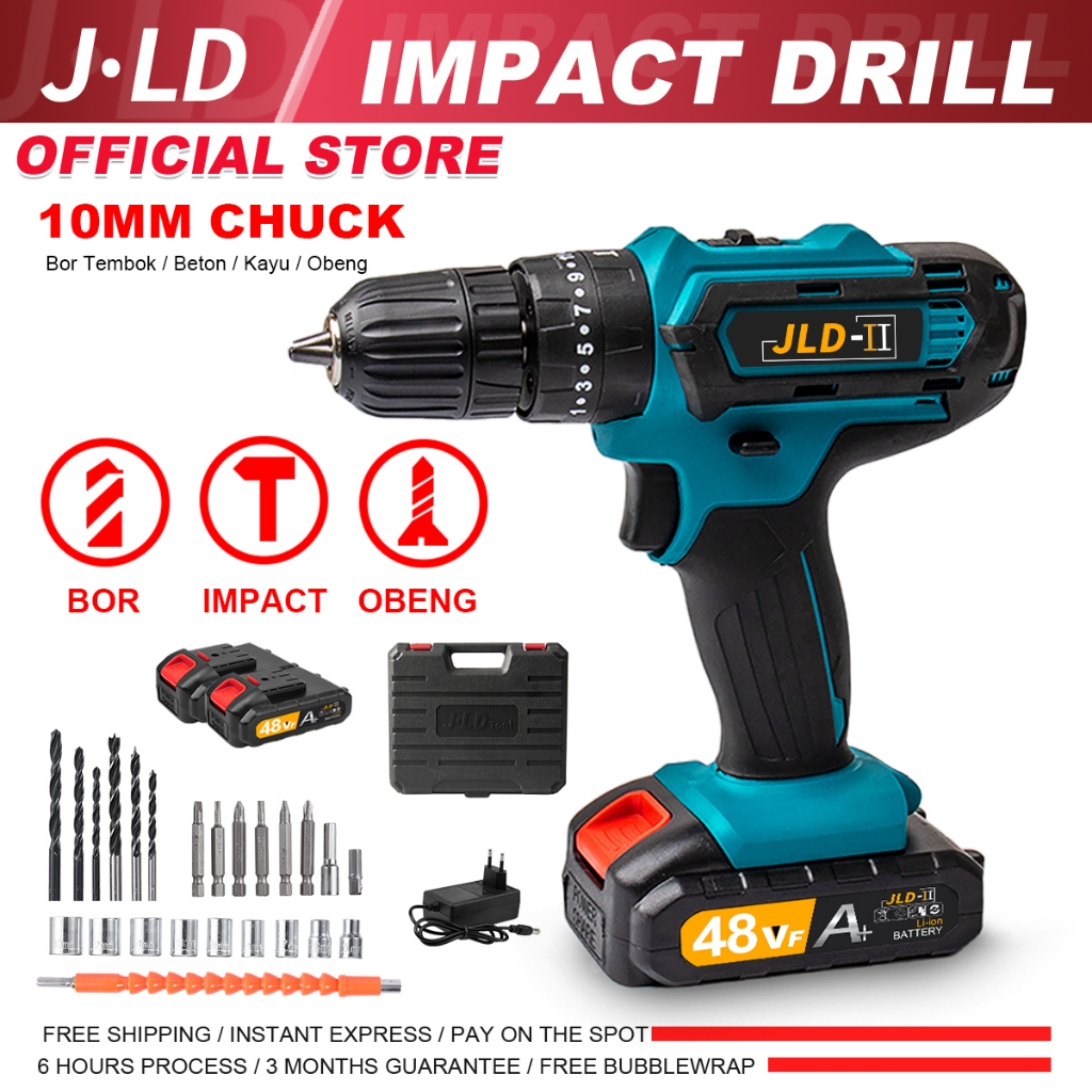 JLD Impact Drill Bor Tembok Beton Kayu Obeng 10MM CHUCK 25+3 SPEEDS 2Baterai Full Sets 35NM
