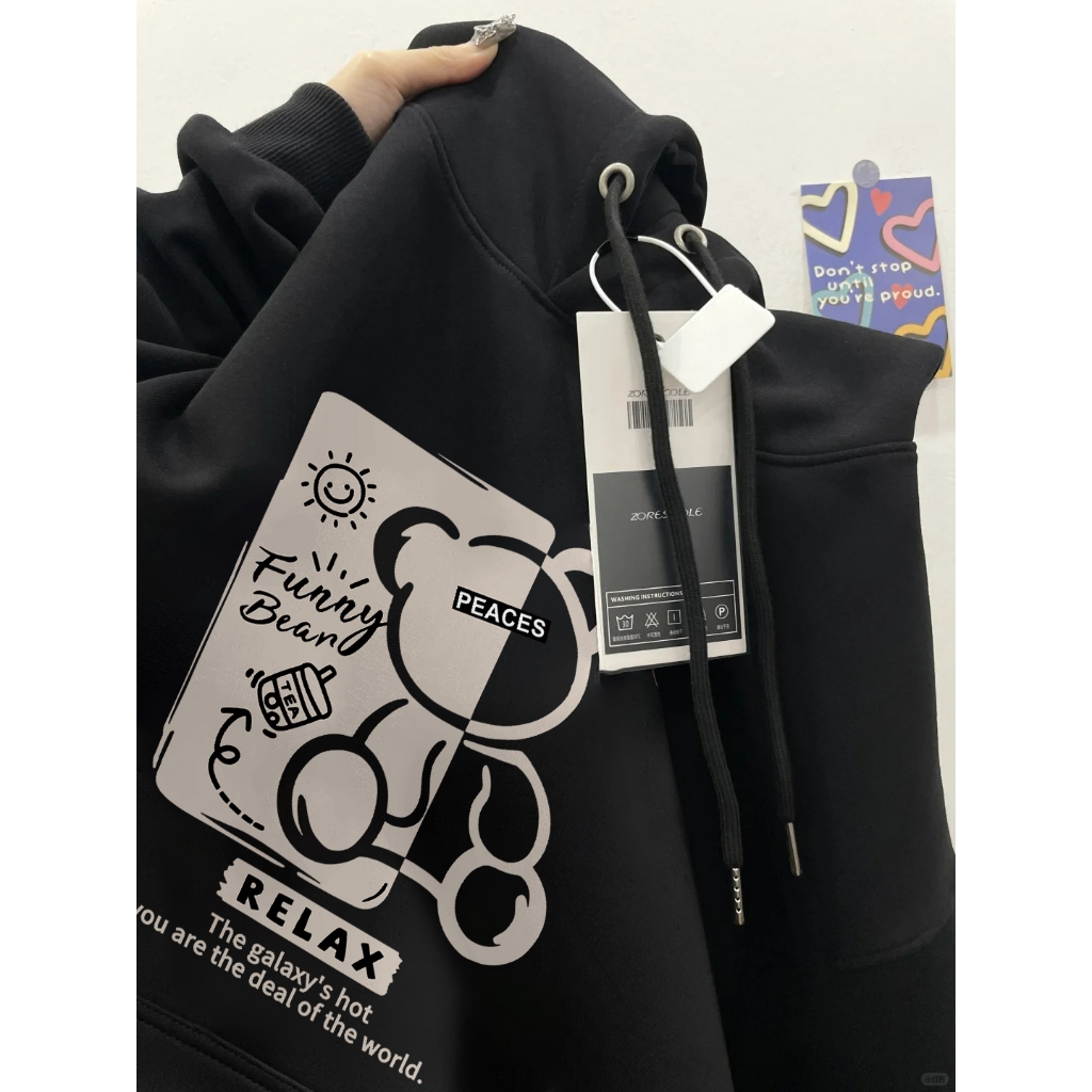 Forteid  Hoodie Sweater Wanita Oversize Grafiti motif beruang lucu Korean Style Baju Wanita Kekinian