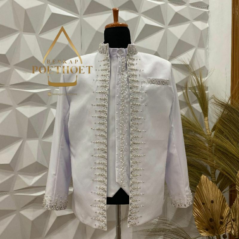 Basofi akad nikah Putih / jas pengantin pria / Beskap sunda bridal payet elagan premium Putih set ce
