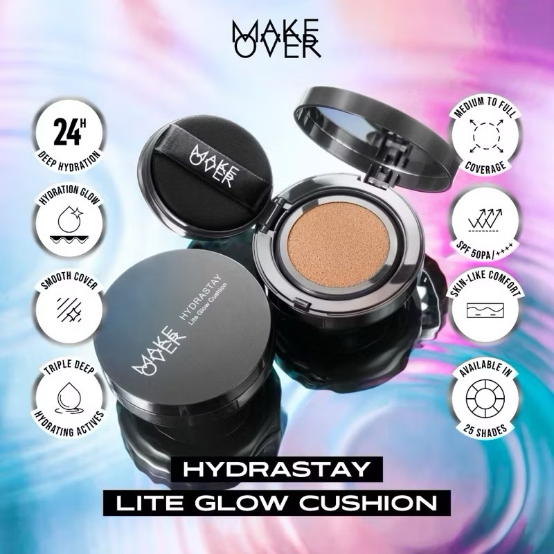 MAKE OVER Hydrastay Lite Glow Cushion 15 g - Cushion atau Foundation Compact untuk Dry Skin atau Kul