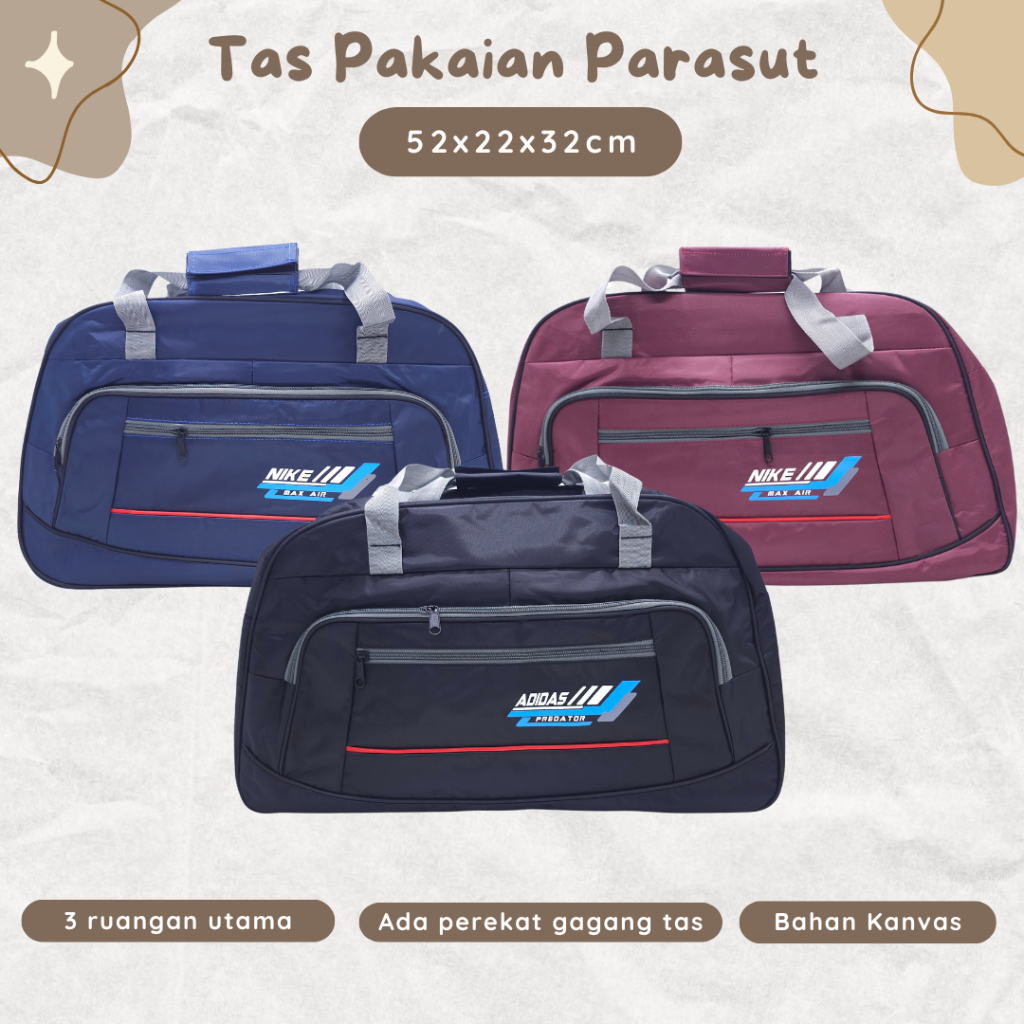 TAS PAKAIAN POLO PARASUT 3 RUANG TALI JINJING + PEREKAT BIG SIZE MURAH / TAS TRAVEL BRANDED COLORFUL
