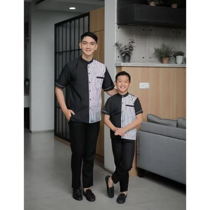Baju Koko Couple Ayah Dan Anak Laki-Laki Lengan Pendek Motif Salur Terbaru 2025