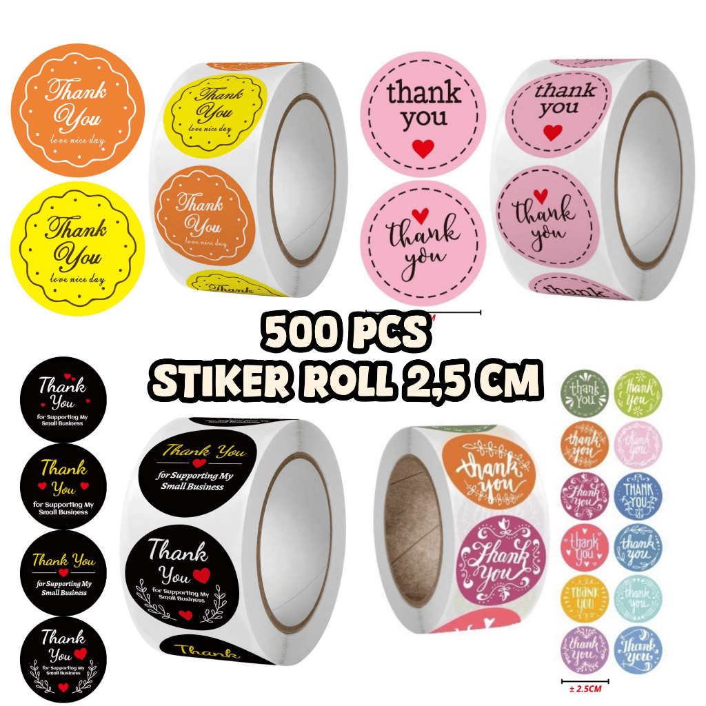500 Pcs Stiker Thank you Roll 2,5cm/Stiker Thank You/Thank You Terima Kasih/Stiker Thank you motif/S