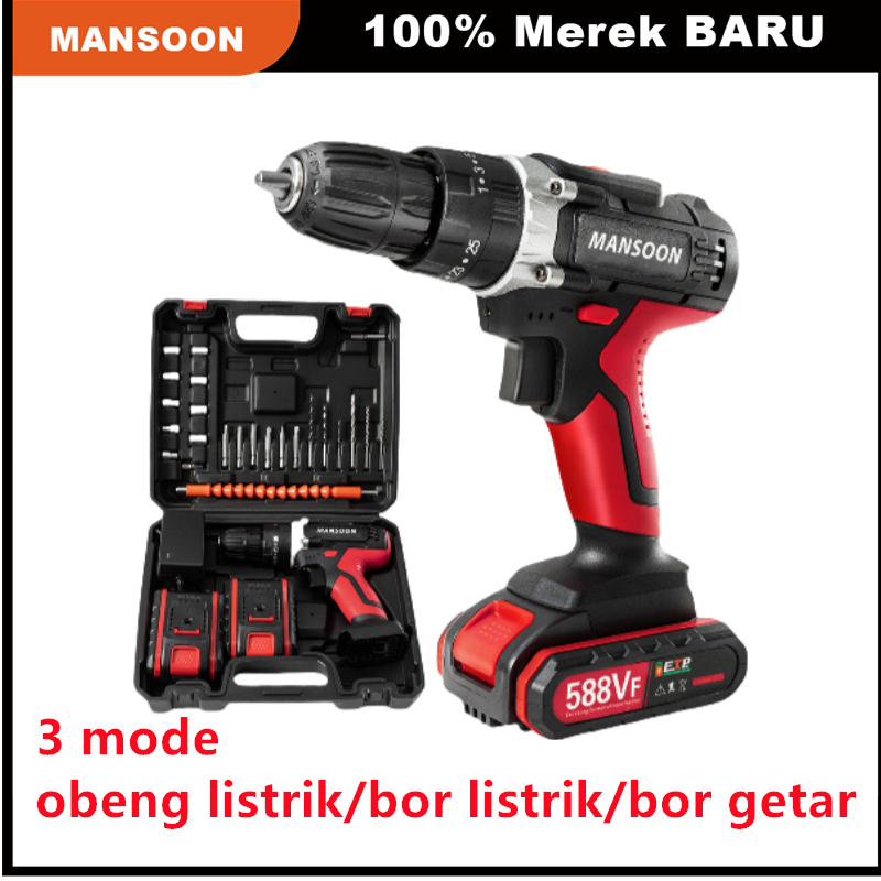 MANSOON⚡588VF Set Mesin Bor Impact Listrik Tanpa Kabel Tangan Listrik For tembok Beton kayu termasuk
