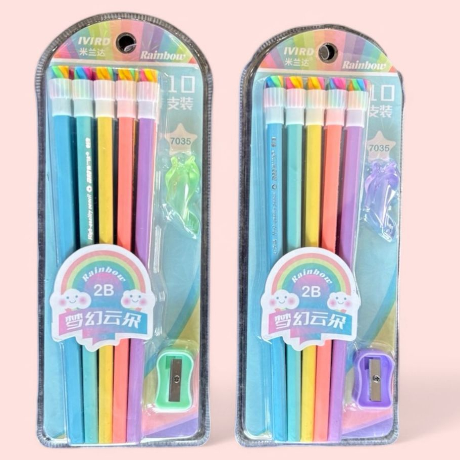 

Pensil Set Rainbow pelangi ( isi 12 Pcs ) dapat penghapus, rautan / Pensil Penghapus Peraut Set Lucu