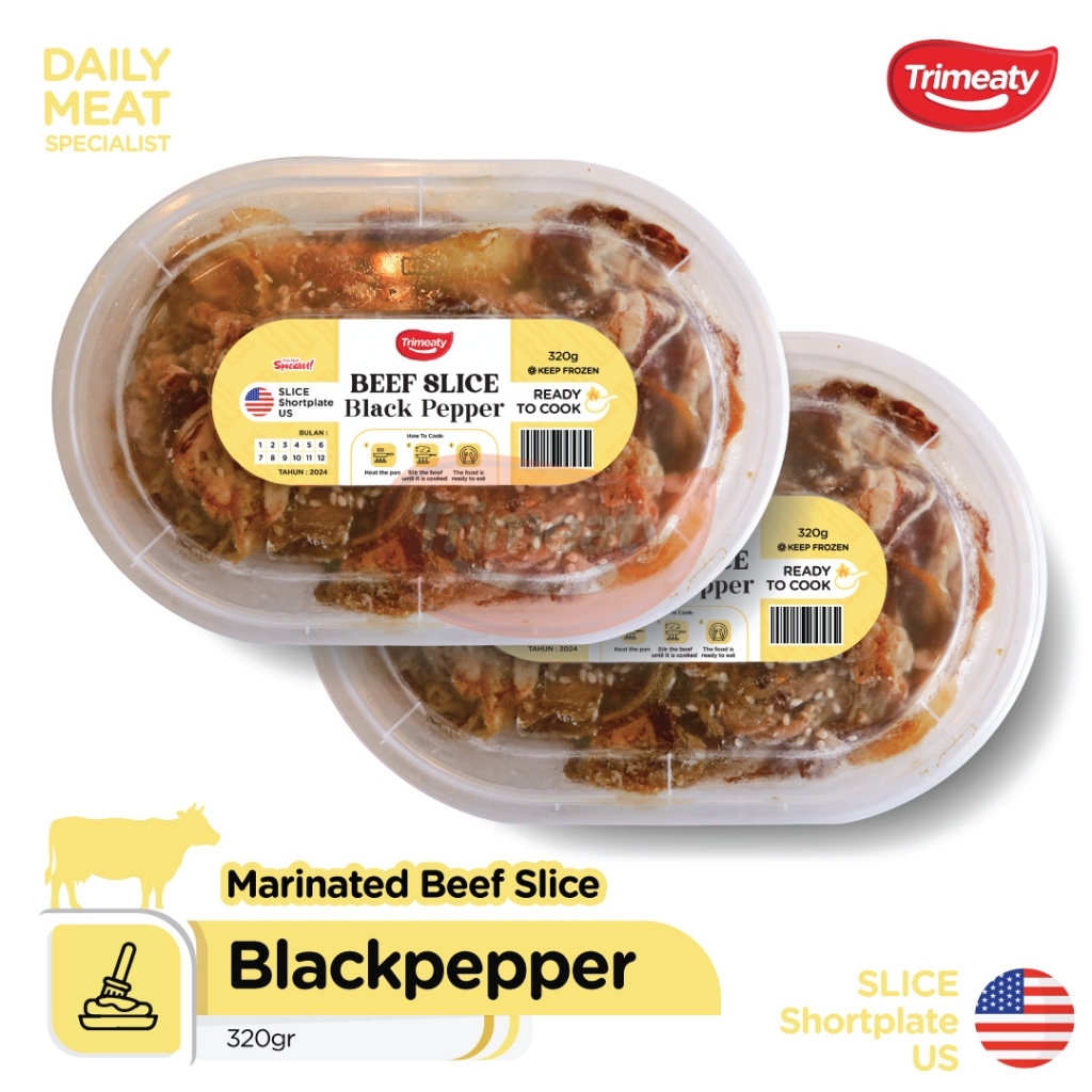 

Beef Slice Blackpepper (Shortplate) / Slice Shortplate Marinasi Blackpepper / Ready to Cook / Makanan Instan Frozen 320gr