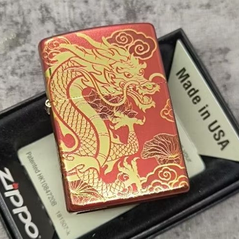 Zippo Gold Dragon In Red Metallic Original