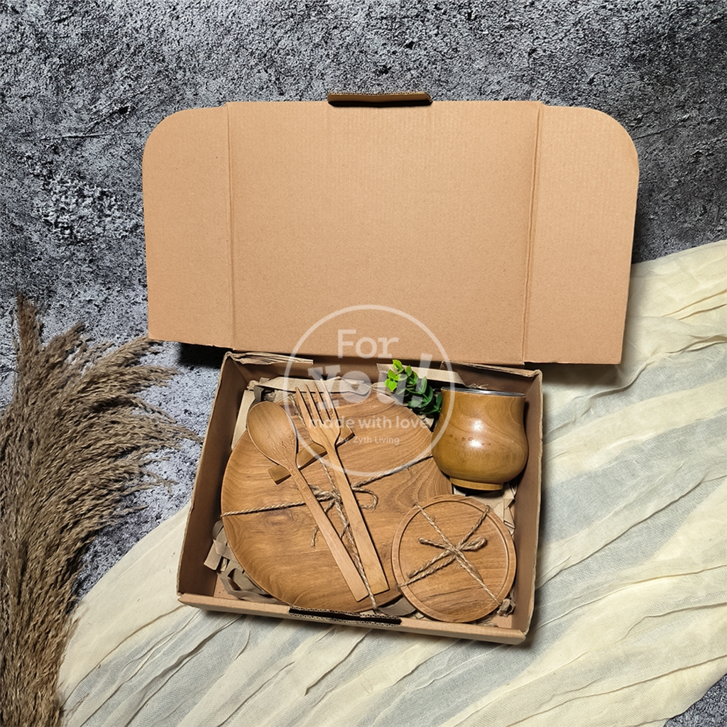 Hampers Lebaran Tableware Kayu Jati Aesthetic / Hampers Paket dan Gift Set Piring Bundar, Tatakan Se