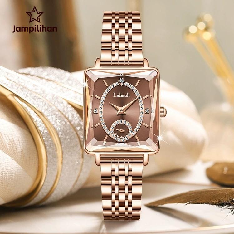 Jam Tangan Wanita Asli Terbaru Kuarsa Kotak Berkalender Elegan Dial Berdiamant Rantai Baja Kecil COD