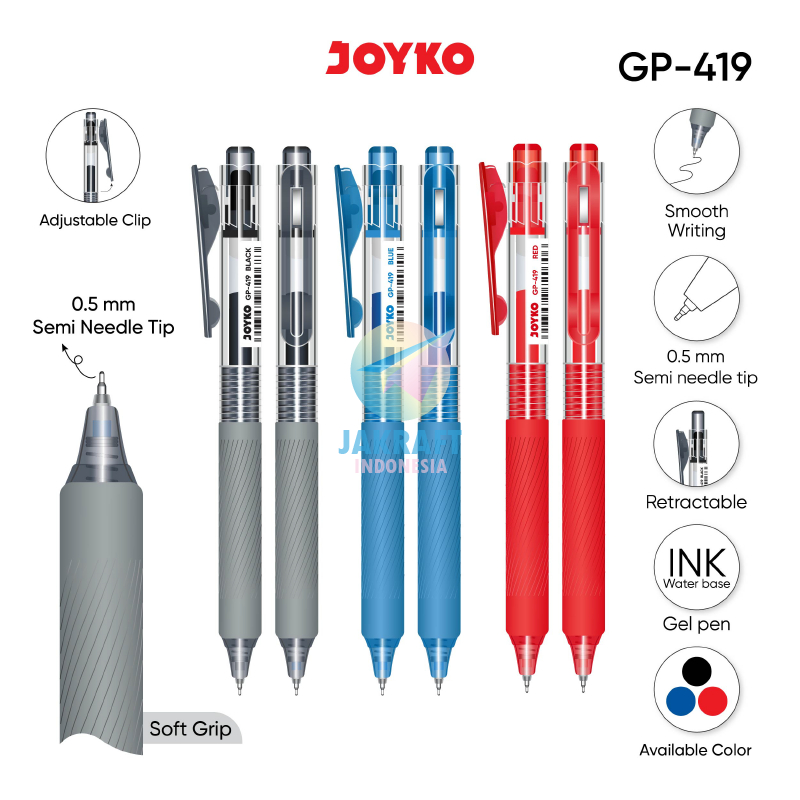 

(12 Pcs) GROSIR Pulpen Gel Pen Klik Ujung Jarum + Klip Fleksibel JOYKO GP-419 Warna Tinta Lengkap Hitam Black / Biru Blue / Merah Red Tebal 0.5 mm Retractable Semi Needle Tip + Flexible Clip Anti Macet Luntur | PACK