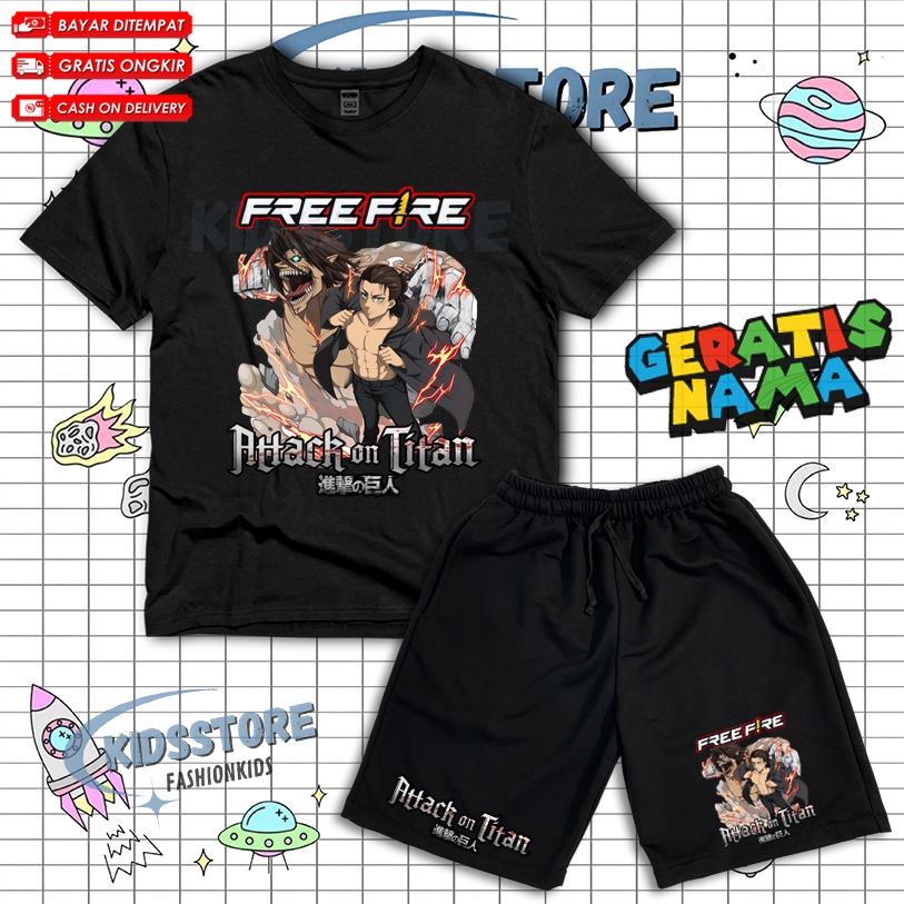 (BISA COD) Setelan Anak Kaos Celana Pendek Anak FF FREE FIRE X ATTACK ON TITAN BUNDLE EREN YAEGER Fr