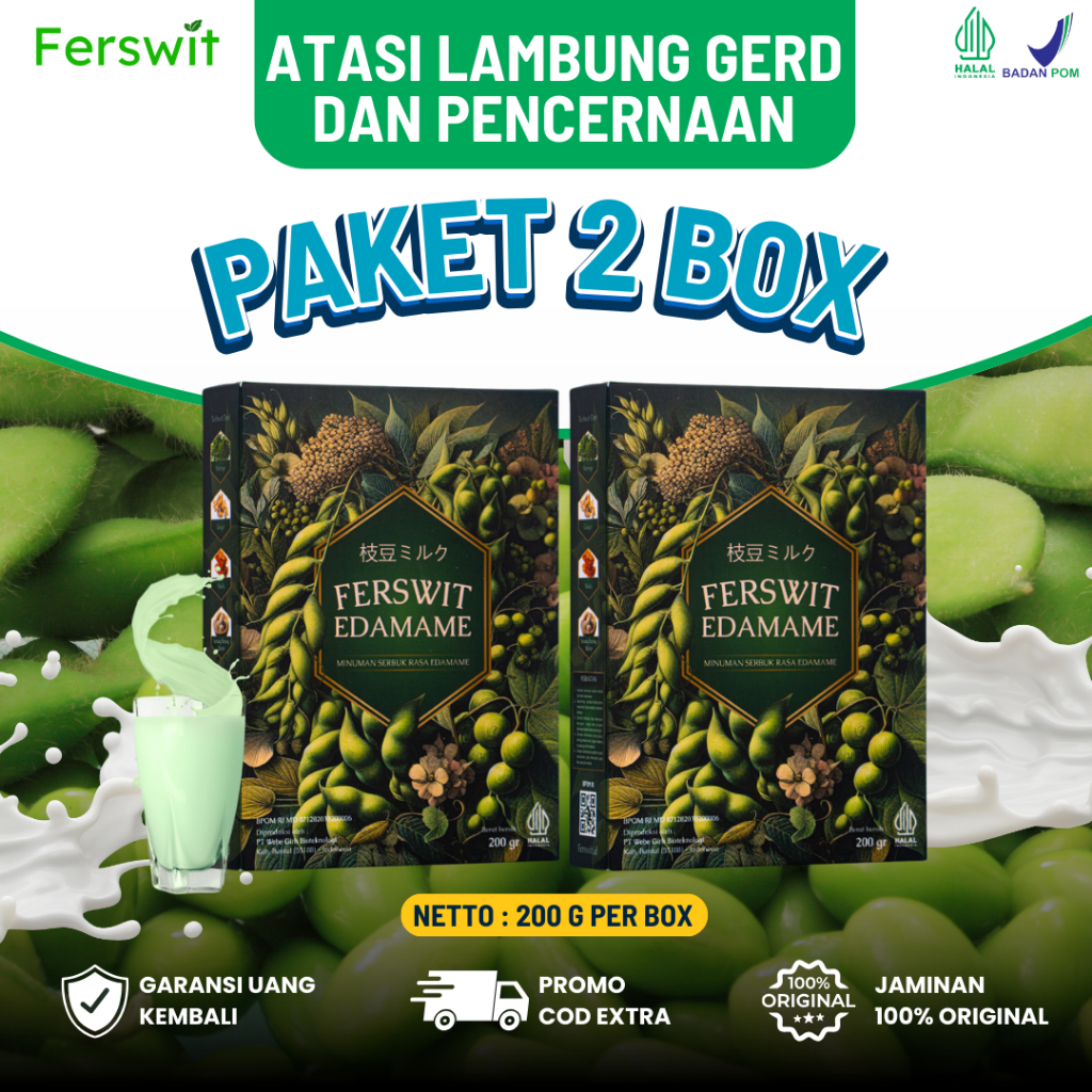 

2 BOX TERLARIS FERSWIT EDAMAME 100℅ ORIGINAL SUSU EDAMAME JEPANG ASLI MENGATASI ASAM LAMBUNG,GERD,PENCERNAAN 200MG, SUPLEMEN KESEHATAN