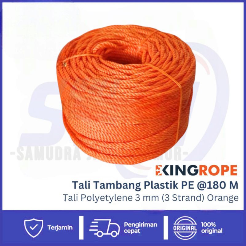 

Tali Tambang Plastik PE / Tali Polyetylene Orange 3 mm 180 Meter 3 Strand KINGROPE