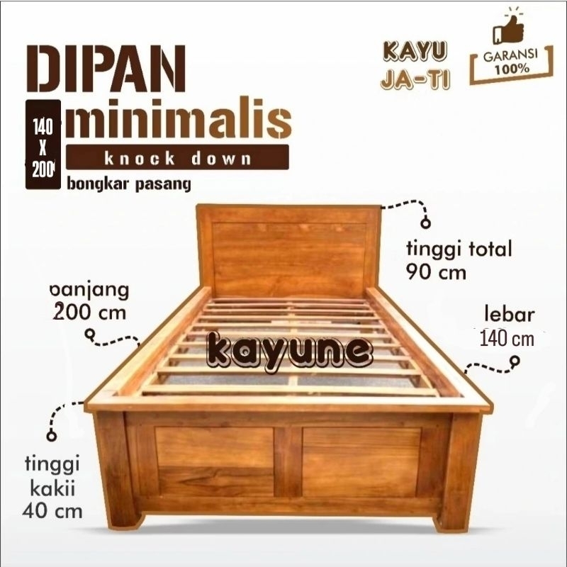 Dipan Minimalis Sandaran Kaki Balok 8x8 Ukuran 140x200 cm Bahan Kayu Jati Jawa Allgrade - kayune -