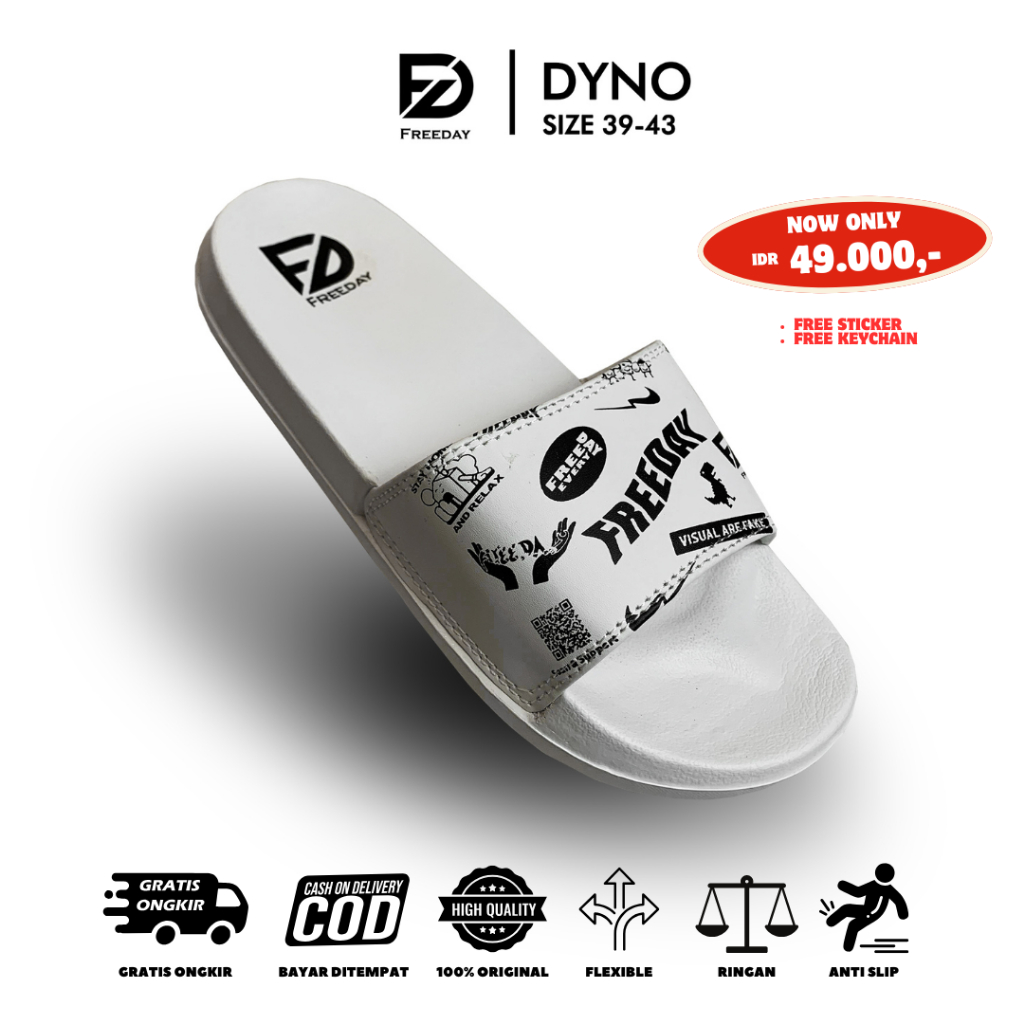 SANDAL SLIDES FREEDAY DYNO ART WHITE SELOP PRIA DISTRO PREMIUM EVA FOAM EMPUK Sendal Distro shoes Se