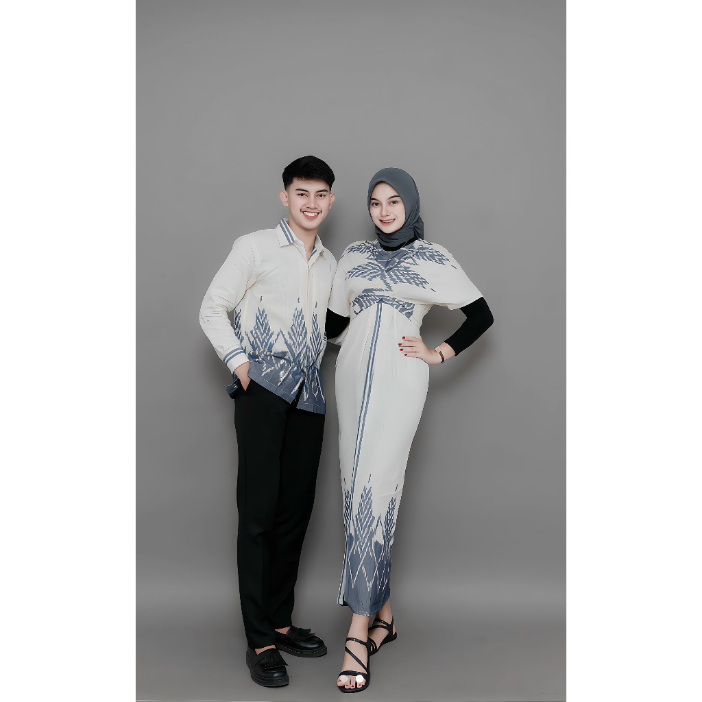 Gamis Tenun Cemara Putih Set Couple Pasangan Gamis Kondangan Tenun Pasangan Baju Muslim Lebaran