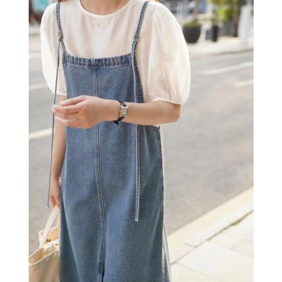KODE B59T Monica baju kondangan wanita kekinian overall dress jeans jumbo midi dress denim rok belah