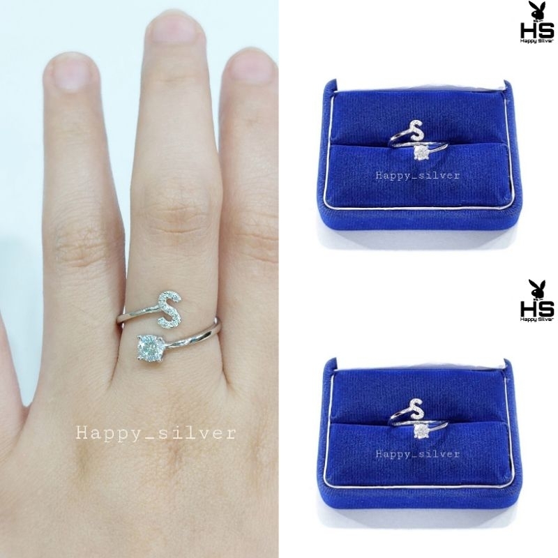 Cincin Perak Wanita Asli Silver 925 Lapis Emas Putih asli Model Nagita,Cincin Huruf Alfabet Adjustab