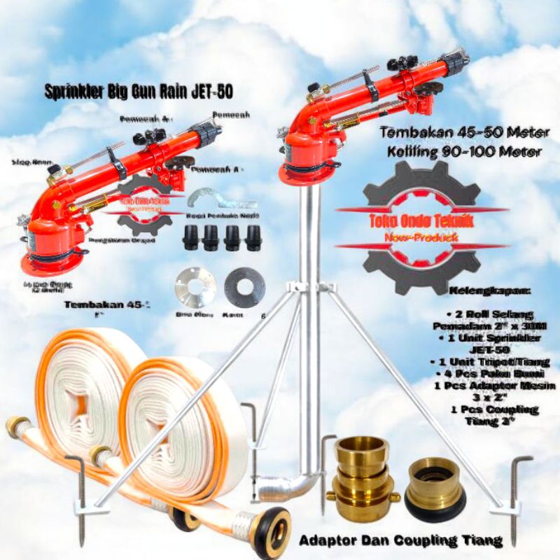 Paket Sprinkler JET-50 Komplit Selang 60M Radius Keliling 90-100 Meter