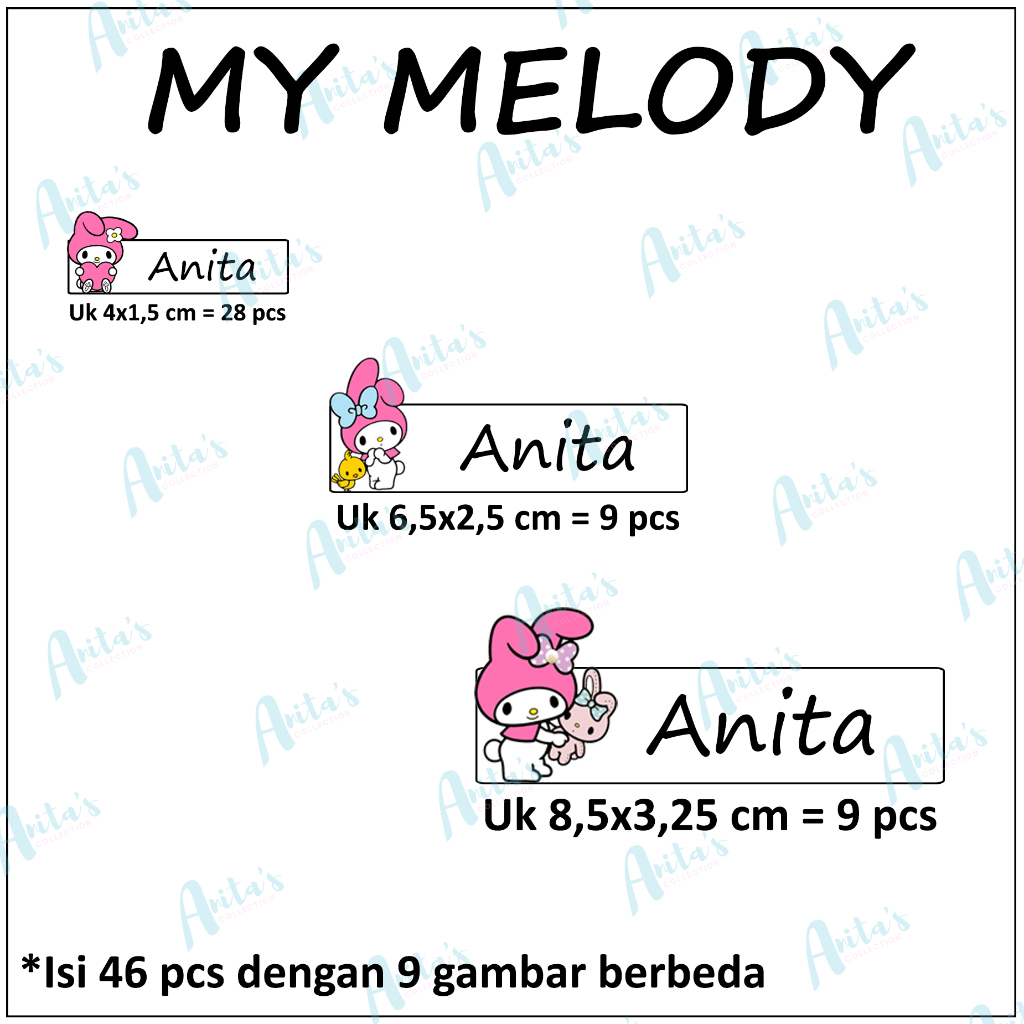 

46pcs STIKER LABEL NAMA PULPEN / PENSIL dll tema MY MELODY | SIZE S, M, L (MIX) | CUSTOM NAMA