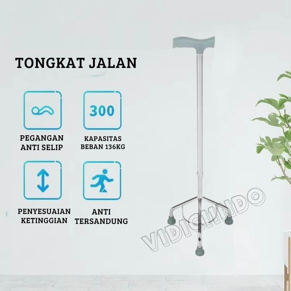 VIDICIINDONESIA Tongkat Jalan Stainless Kaki 3/Tongkat Jalan Orang Tua/Tongkat Jalan