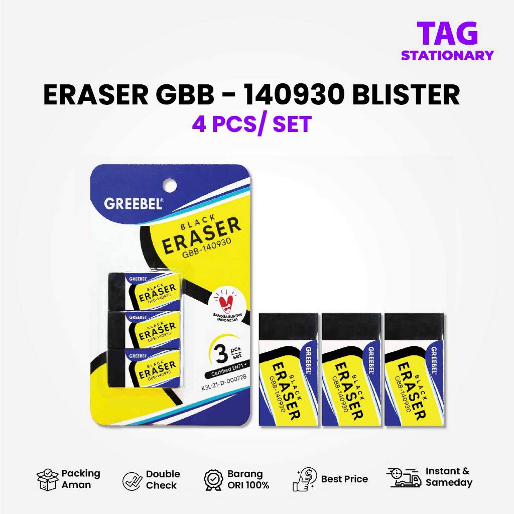 

GREEBEL Penghapus Hitam / ERASER GBB-140930 BLISTER (3PCS/SET) / Stip Hapusan / Timur Agung Grosir