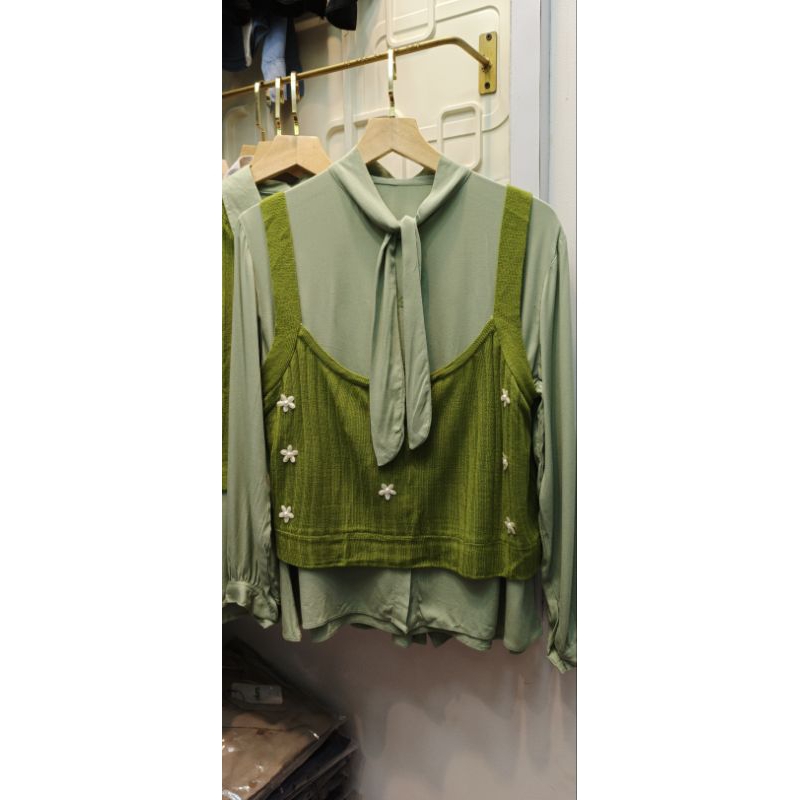 Baju wanita kekinian blouse set vest rompi 2in1