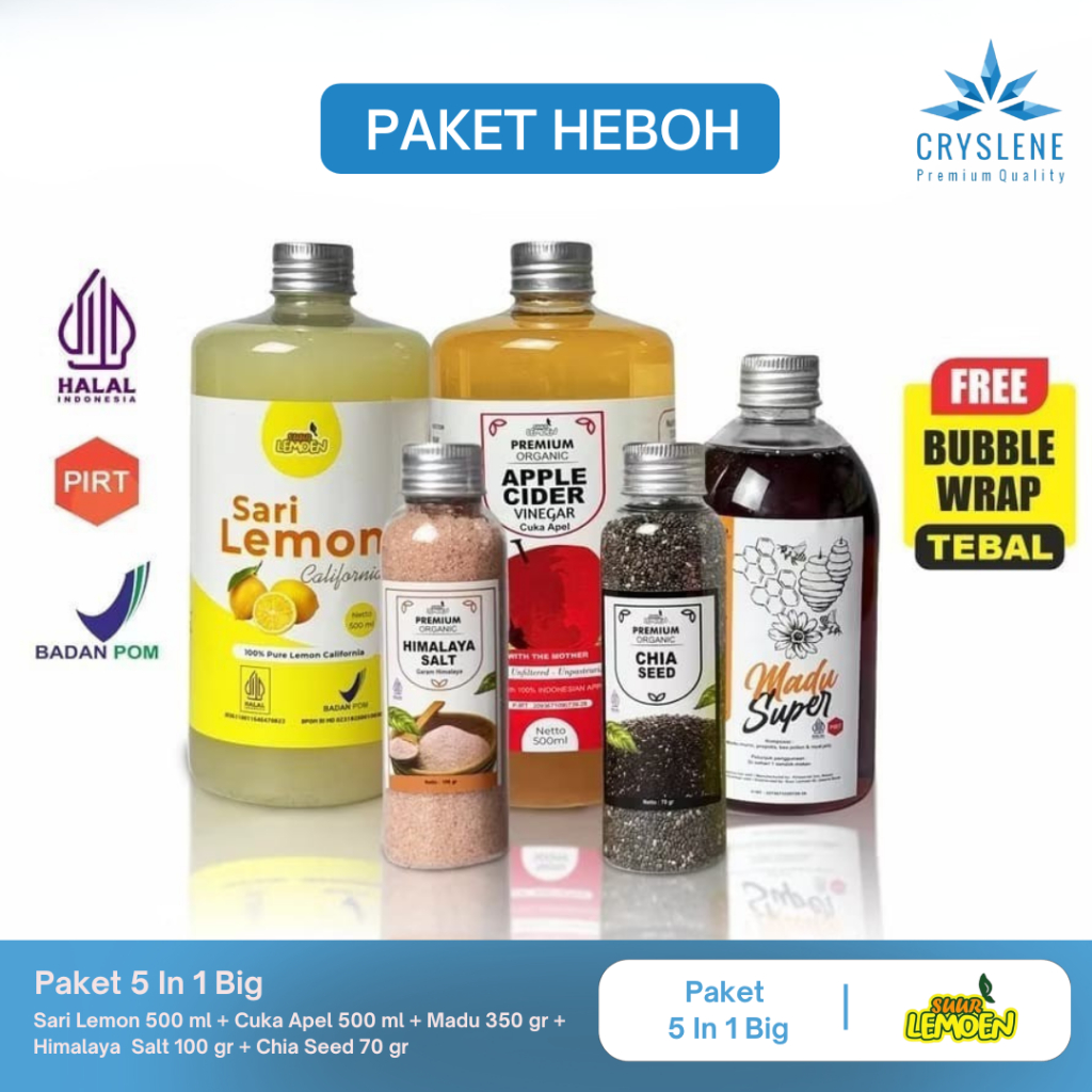 

Suur Lemoen Paket Diet Detox - Cuka Apel 500ml Sari Lemon 500ml Chia Seed 70gr Madu Hutan 350gr Garam Himalaya 100gr