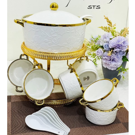 Mangkok Set Sop Keramik dengan Rak Fiorenza Motif Lining Gold LGM-628