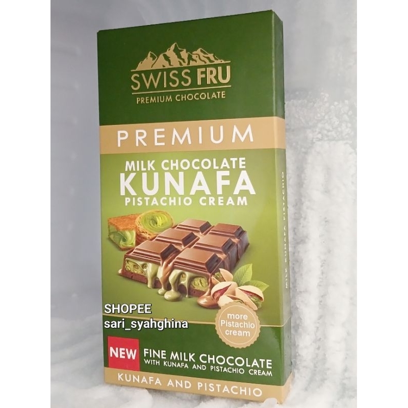 

COKLAT DUBAI KUNAFA PISTACHIO CREAM SWISSFRU PREMIUM MILK CHOCOLATE ORIGINAL MESIR