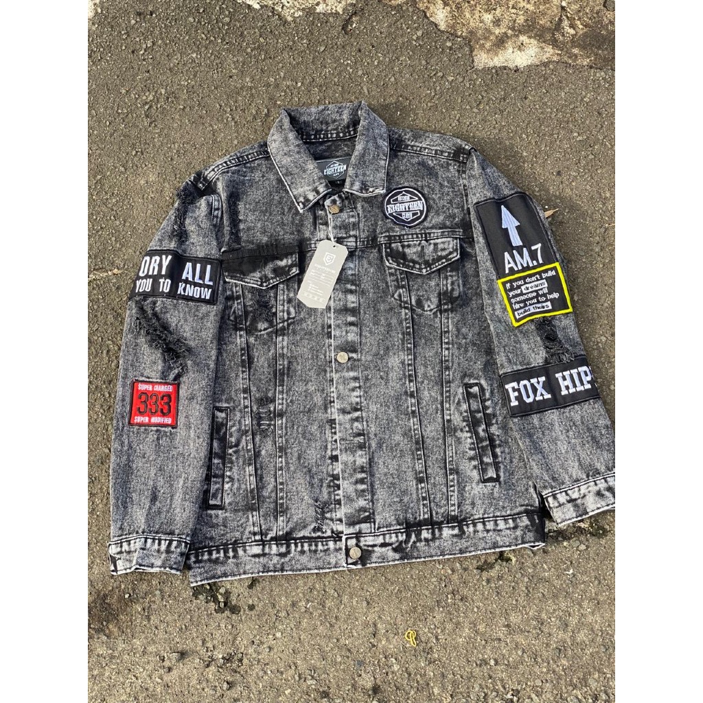 EIGHTEEN-jaket jeans pria bahan denim sanwos full bordir casual keren distro