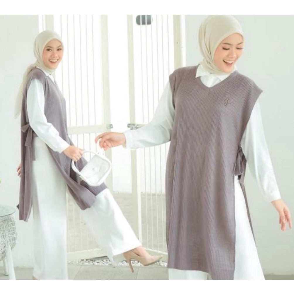 KODE P6K Vest Rajut Salur Kerah V Panjang  Rompi Rajut Premium Vest Rajut Oversize Panjang