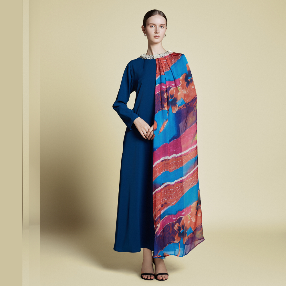 Kaftan Wanita Dress Muslim Premium Asymmetrical Cape Kaftan Silk Emerald