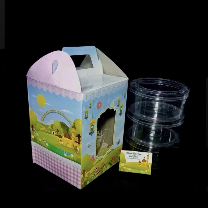 

5 Pcs Gable Box Lebaran Biru Pelangi 15x15x21cm Packaging Parcel Kuker 3 Toples 500gr Idul Fitri