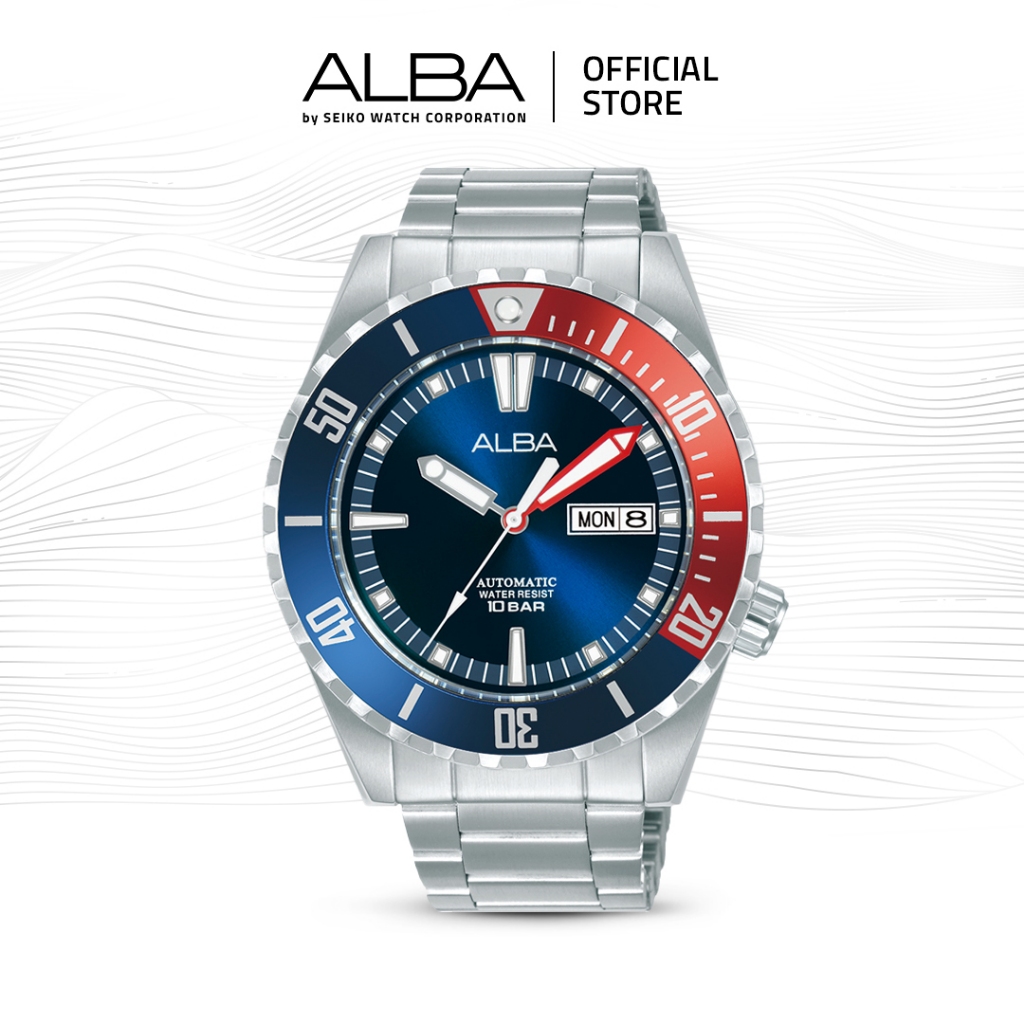 Alba Mechanical Jam Tangan Pria AL4695 / AL4695X1 Automatic Blue Dial Blue Red Bezel Stainless Steel