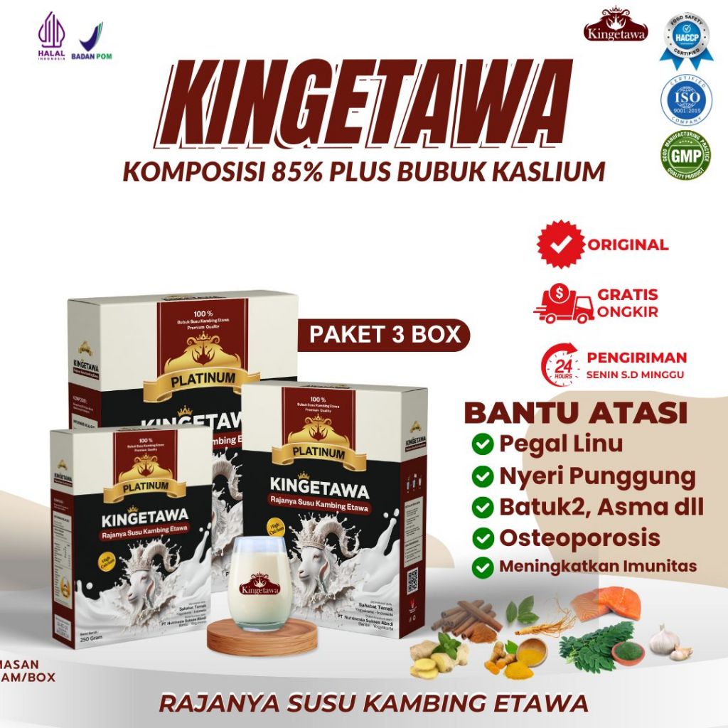 

(Kemasan bos) Kingetawa Platinum Susu Kambing Etawa Premium Untuk Nyeri Ashma, Batuk dan Rematik Paket 3 Box