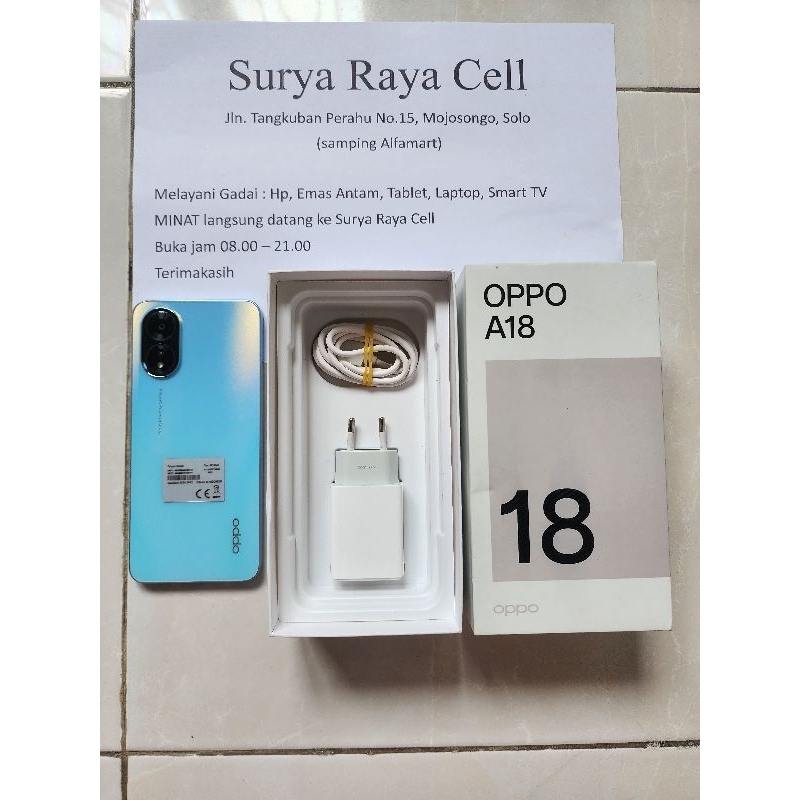 OPPO A18 ram 8/128Gb Lengkap Mulus 100% like New FullSet ORI berGaransi resmi 1Thn. Murah Poll. GRAT